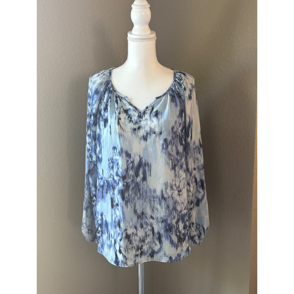 Zac & Rachel Womens XL Blue White‎ Abstract V-Neck Peasant Blouse Top